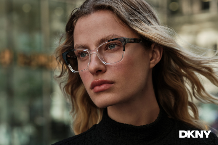 female model with dkny eyeglasses